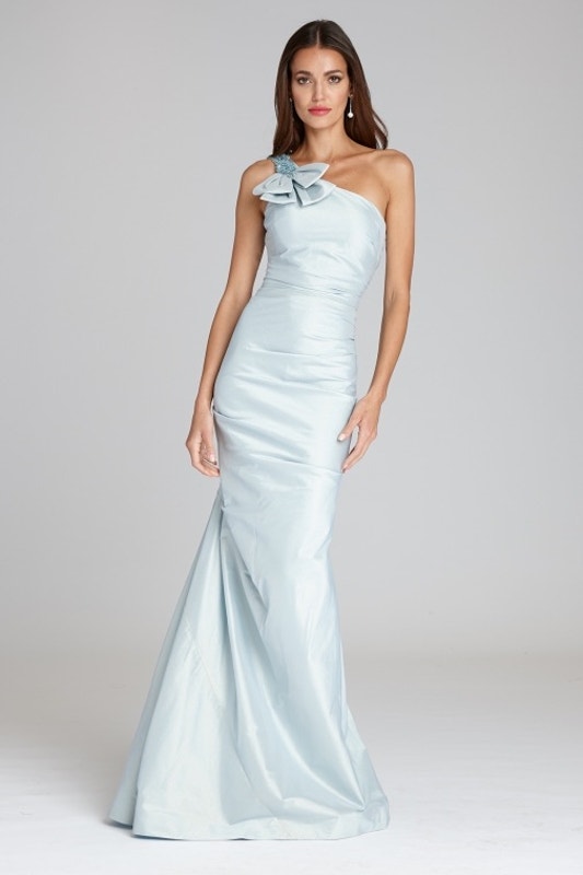 Teri Jon Light Blue Organza Rhinestone One Shoulder Fitted Formal Gown 8